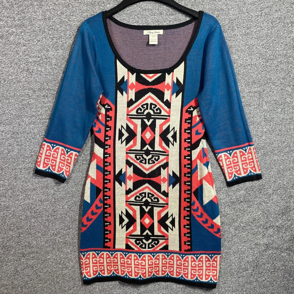 Flying Tomato Sweater Dress Womens M Blue Tribal Geometric Knit Bodycon